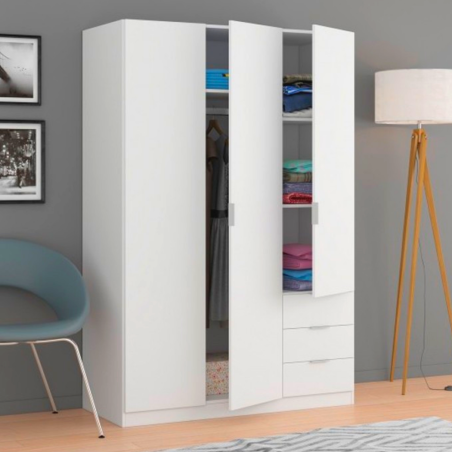 ARMARIO ROPERO LOW COST 3 PUERTAS + 3 CAJONES BLANCO
