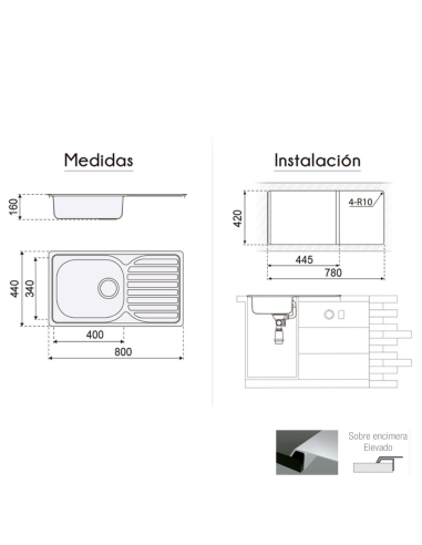 FREGADERO 1 SENO + ESCURREPLATOS INOX VIENA