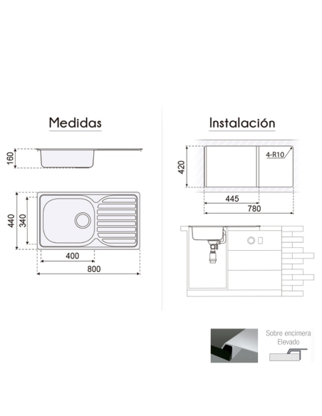 FREGADERO 1 SENO + ESCURREPLATOS INOX VIENA